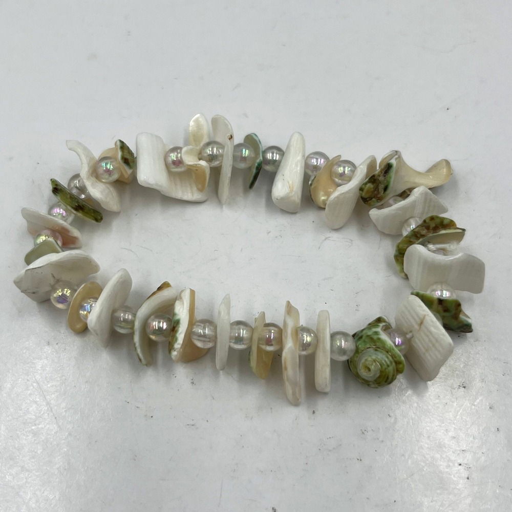 Vintage Natural‎ Seashell Beaded Bracelet White Green Nautical Beach Jewelry